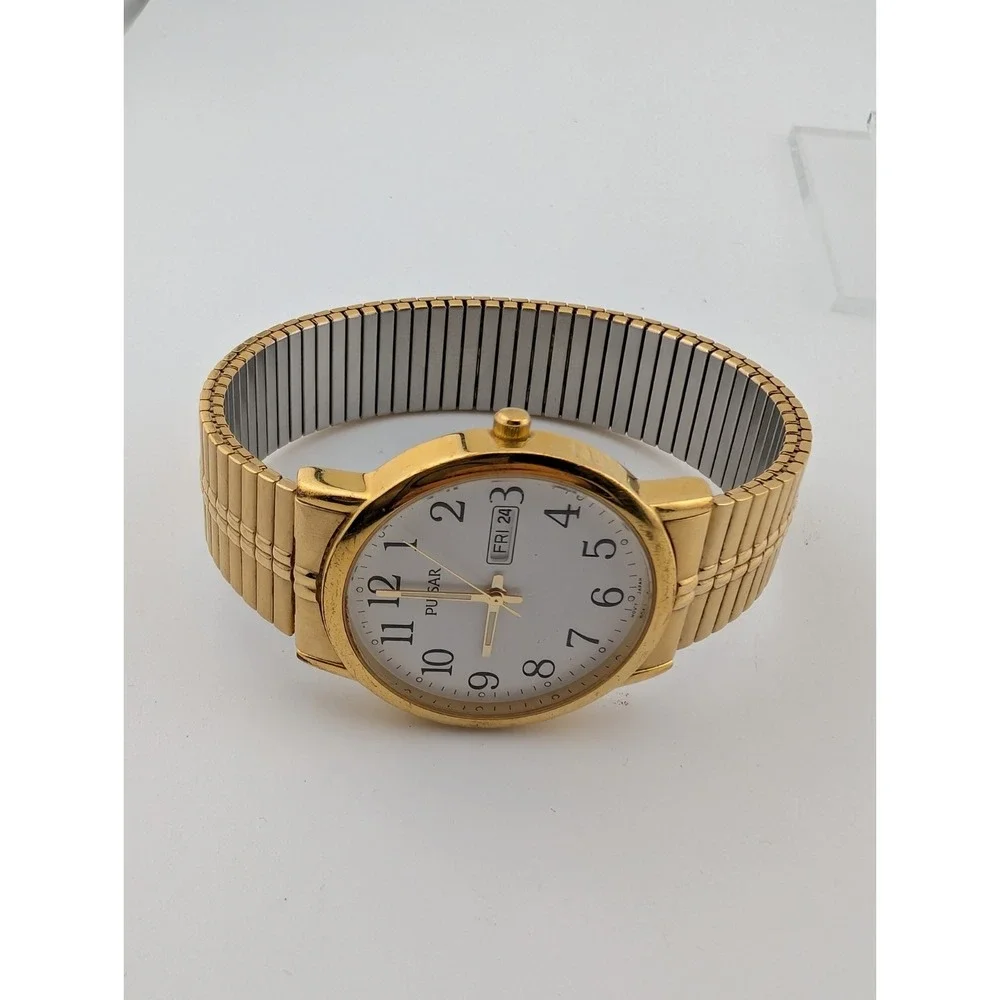 Vtg‎ Pulsar Watch Men 35mm Case Gold Stretch Band VX33-X079 New Battery